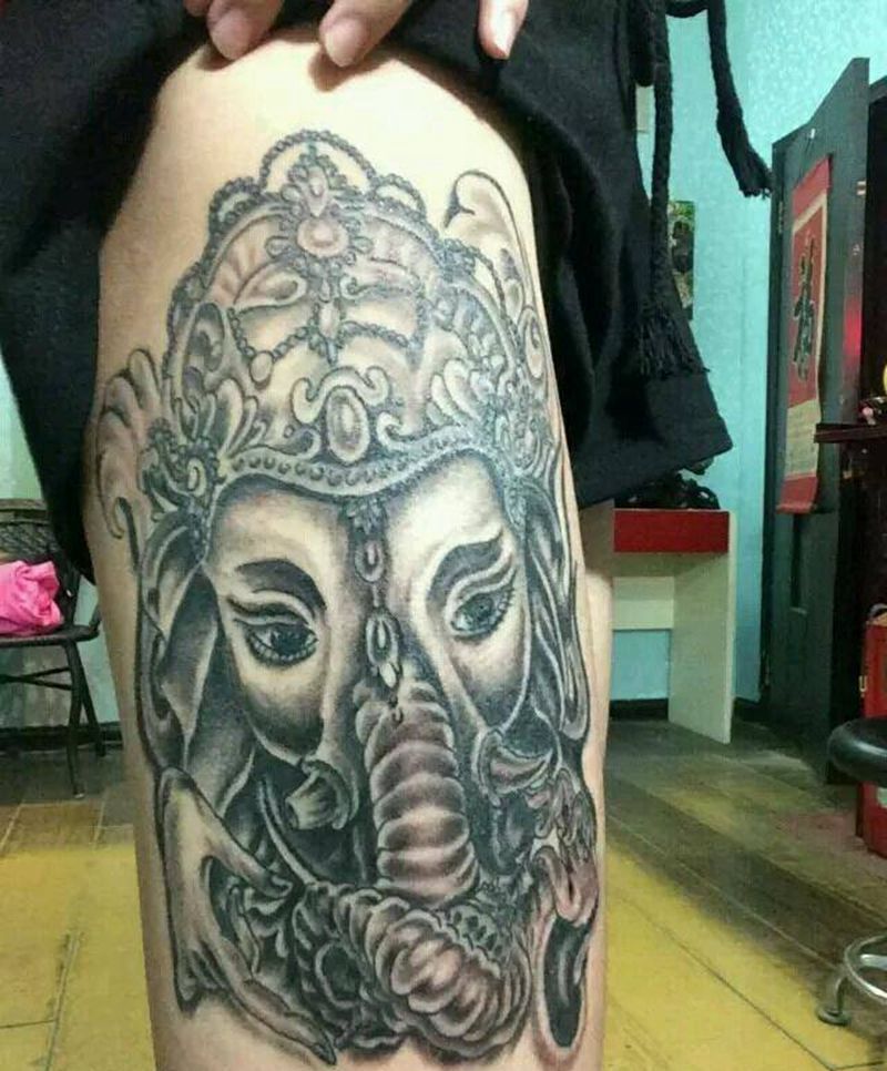 象神纹身图片_腿部传统人物宗教成品纹身图案