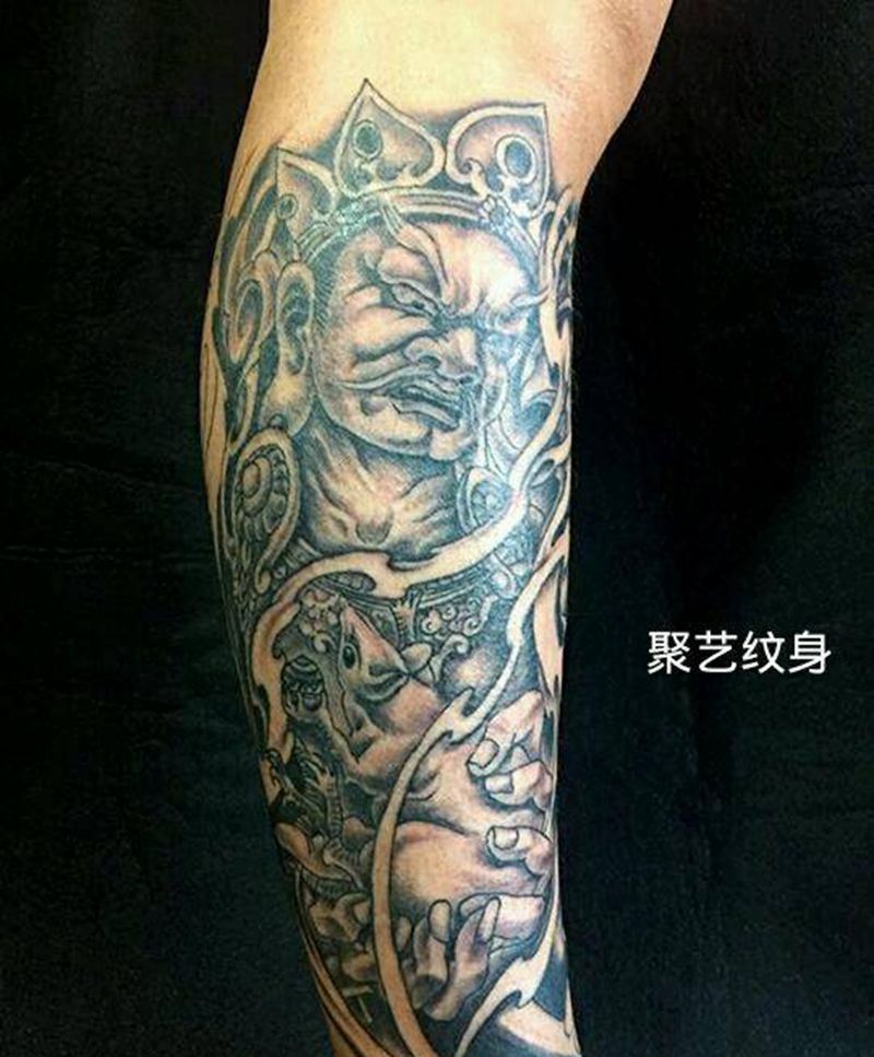 包腿天王纹身图片_腿部传统人物鬼神宗教成品纹身图案