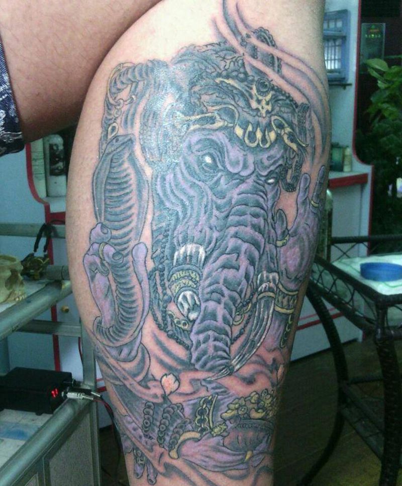 四臂象神纹身图片_腿部传统人物鬼神宗教成品纹身图案