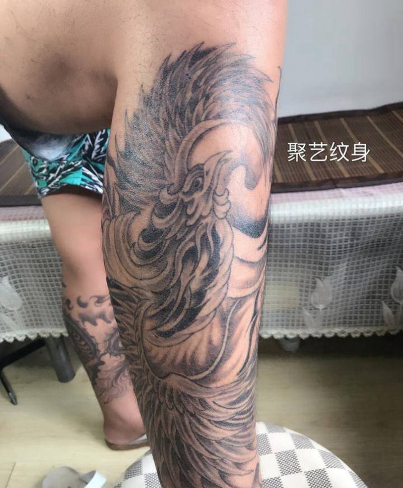 包小腿凤凰纹身图片_成品腿部传统鬼神动物原创纹身图案