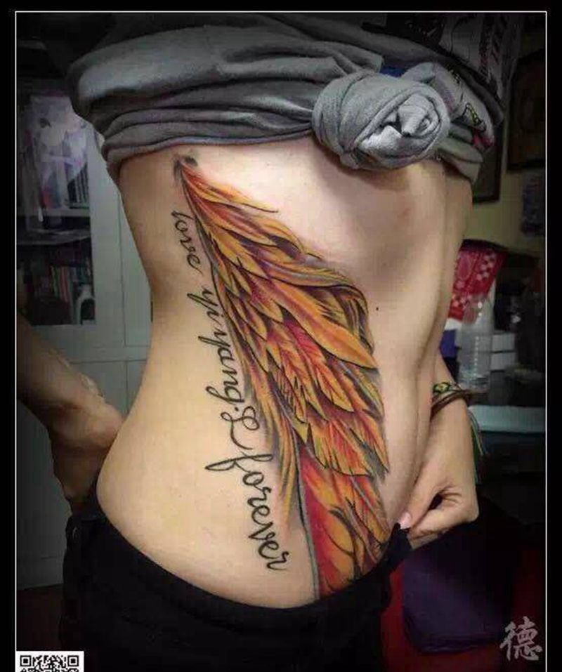 腰侧 羽毛纹身图片_