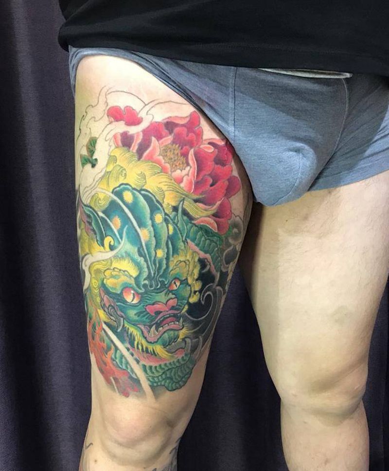 狮子牡丹 未完成纹身图片_