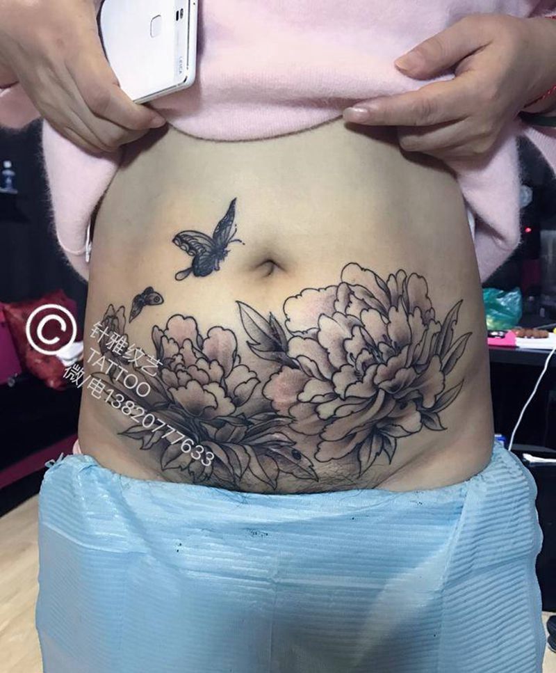 牡丹纹身图片_遮盖疤痕未完成纹身图案