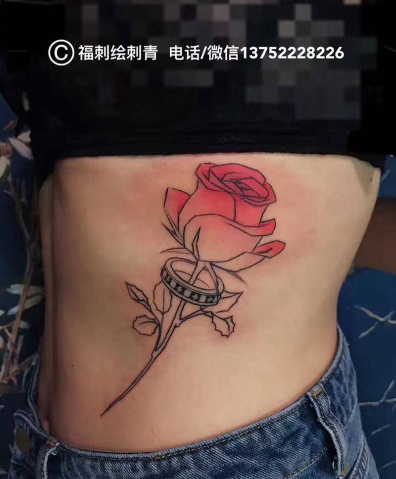 原创玫瑰戒指纹身图片_成品腰部清新欧美原创植物静物女生彩色纹身图案