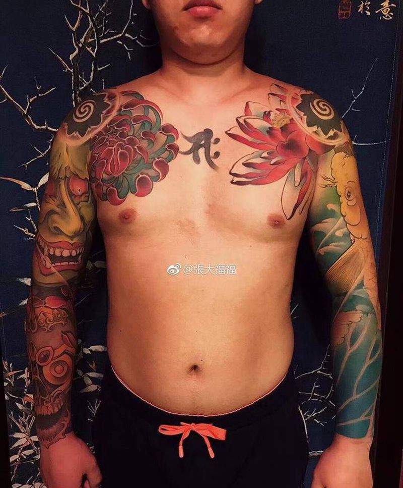 原创一对半胛接花臂纹身图片_成品肩部胸部手臂传统国画动物植物鬼神原创纹身图案