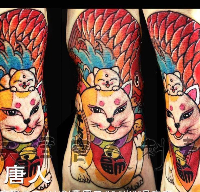 脚面招财猫鱼旗。符细节图纹身图片_