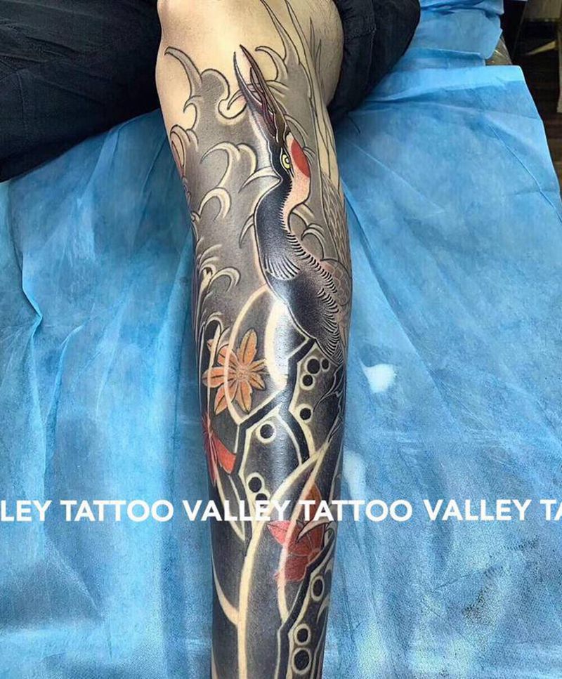 未完成 日式鹤纹身图片_腿部纹身图案