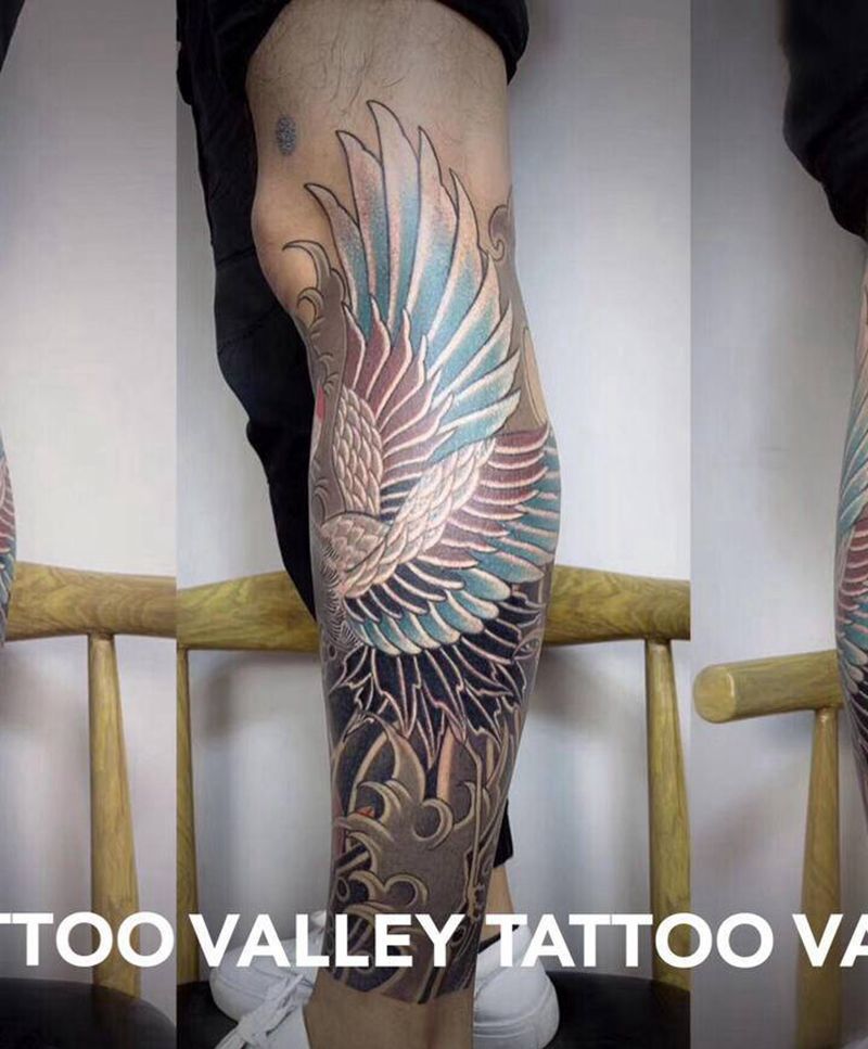 新配色 日式仙鹤纹身图片_腿部纹身图案