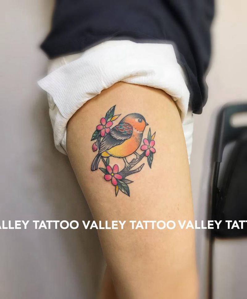 知更鸟纹身图片_腿部New School纹身图案