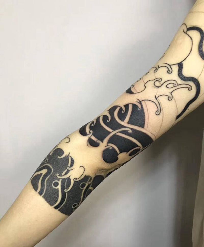 日式海浪花臂纹身图片_手臂老传统纹身图案