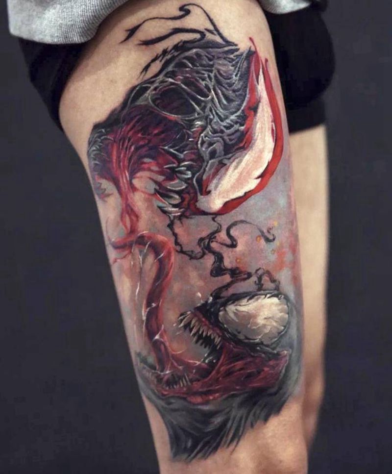 毒液屠杀纹身图片_腿部欧美写实纹身图案