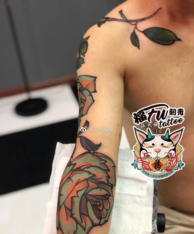 原创玫瑰盖疤纹身图片_手臂肩部New School原创遮盖玫瑰纹身图案