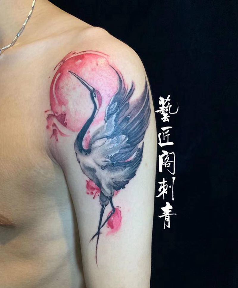 水墨仙鹤纹身图片_手臂水墨纹身图案