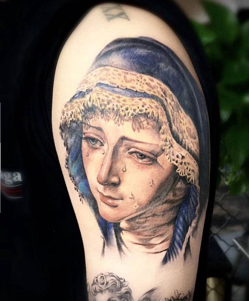 欧美写实彩色圣母纹身图片_手臂欧美写实纹身图案