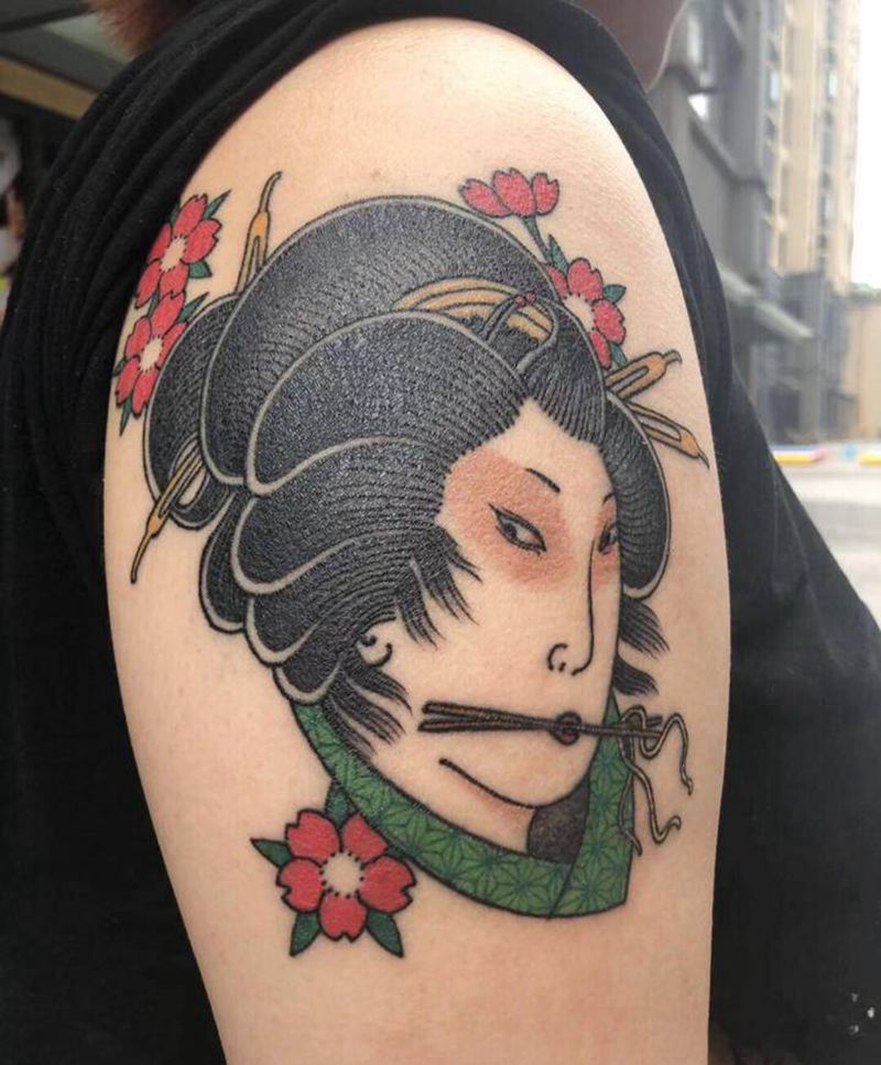 日式艺妓纹身图片_手臂老传统纹身图案