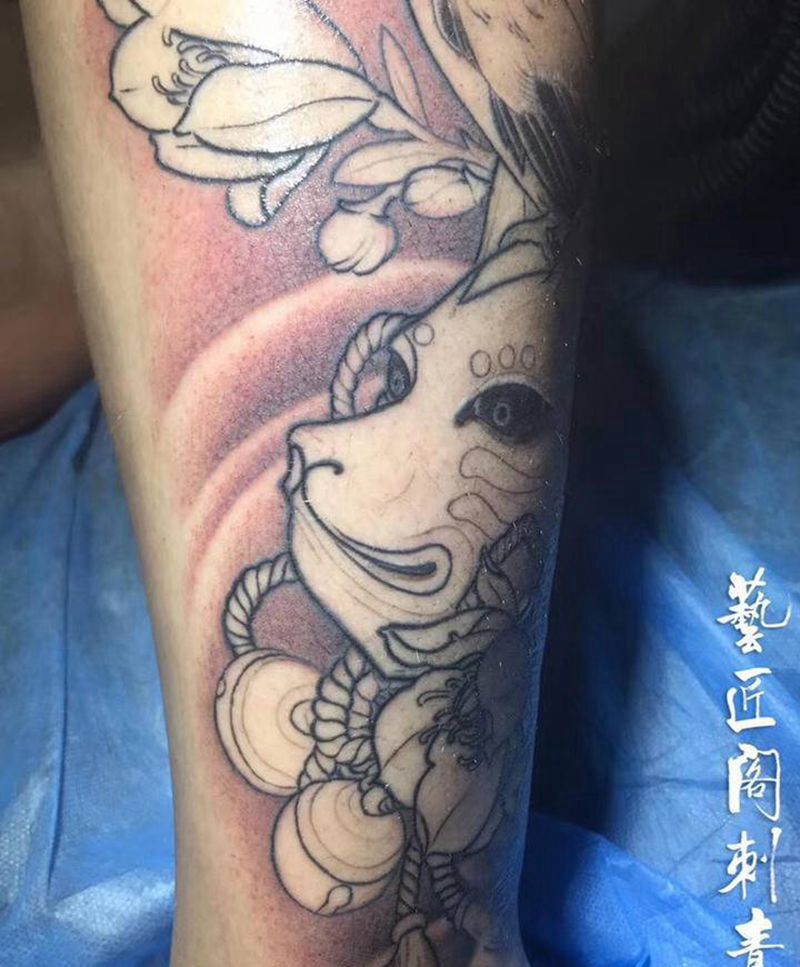 稻河神（未完成）纹身图片_腿部新传统纹身图案