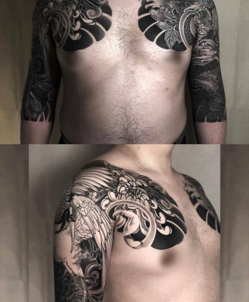 仙鹤/龙/菊花/牡丹半胛七分袖纹身图片_胸部手臂老传统新传统半胛七分袖仙鹤纹身图案