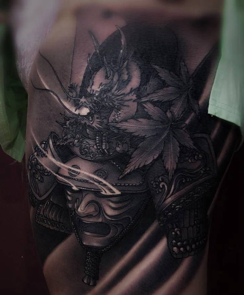 原创鬼武士纹身图片_腿部新传统鬼武士暗黑黑灰纹身图案