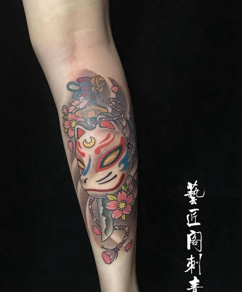 稻河神纹身图片_腿部纹身图案