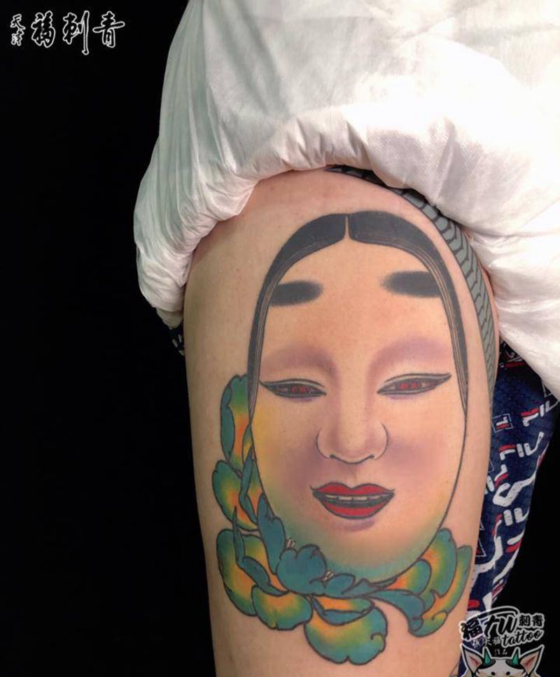 原创能面纹身图片_腿部老传统能面小面日式纹身图案