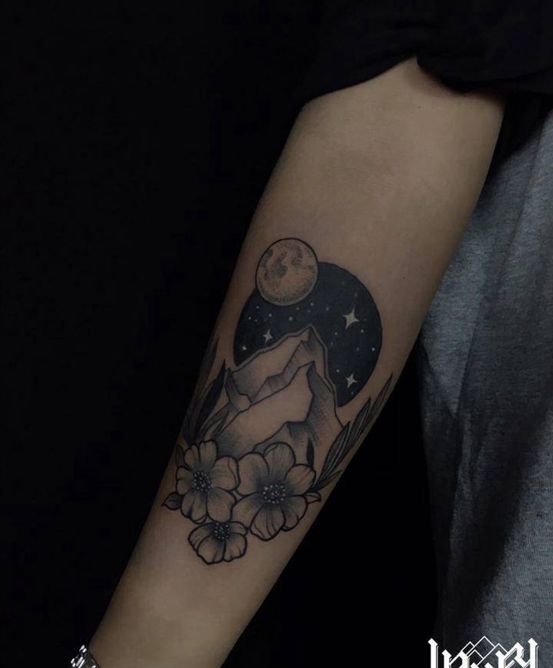 点刺风景画纹身图片_手臂纹身图案