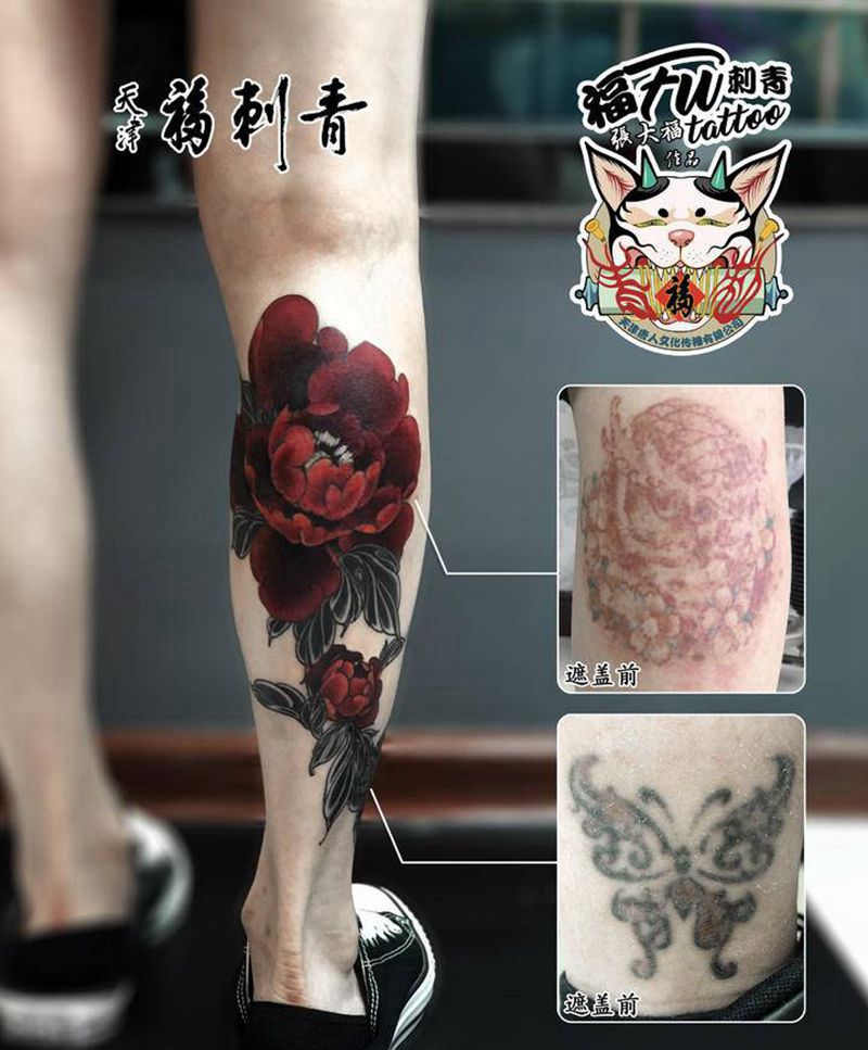 原创牡丹·遮盖2个纹身纹身图片_腿部新传统牡丹遮盖原创纹身图案