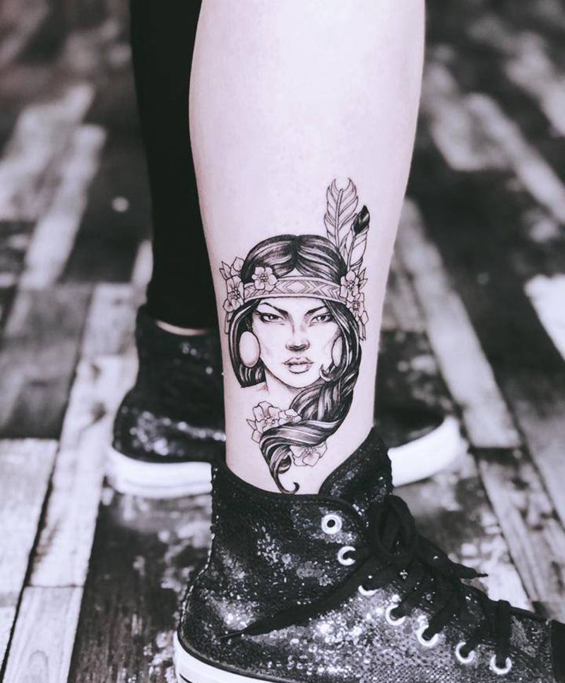 印第安女孩纹身图片_腿部New School纹身图案