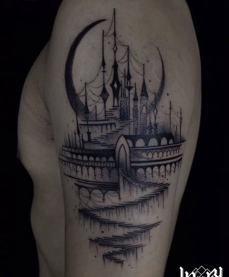 线条城堡纹身图片_手臂纹身图案