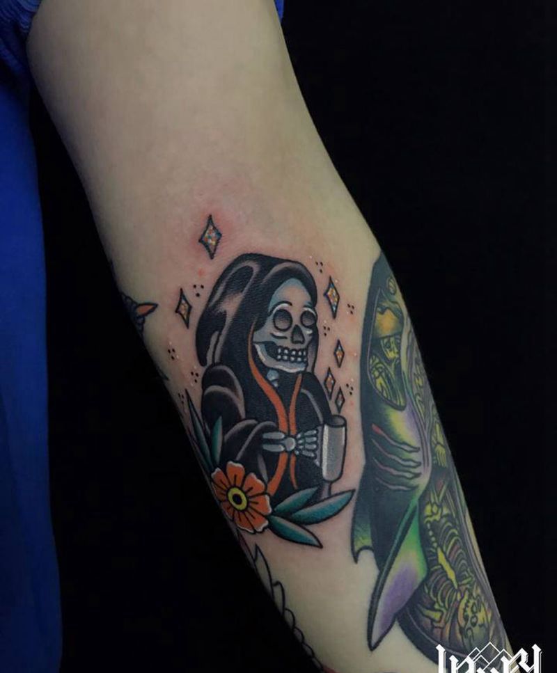 可爱死神纹身图片_手臂Old School纹身图案