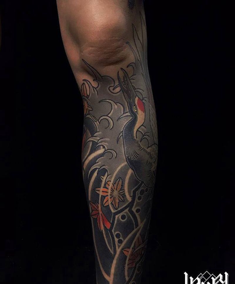 日式仙鹤纹身图片_腿部纹身图案