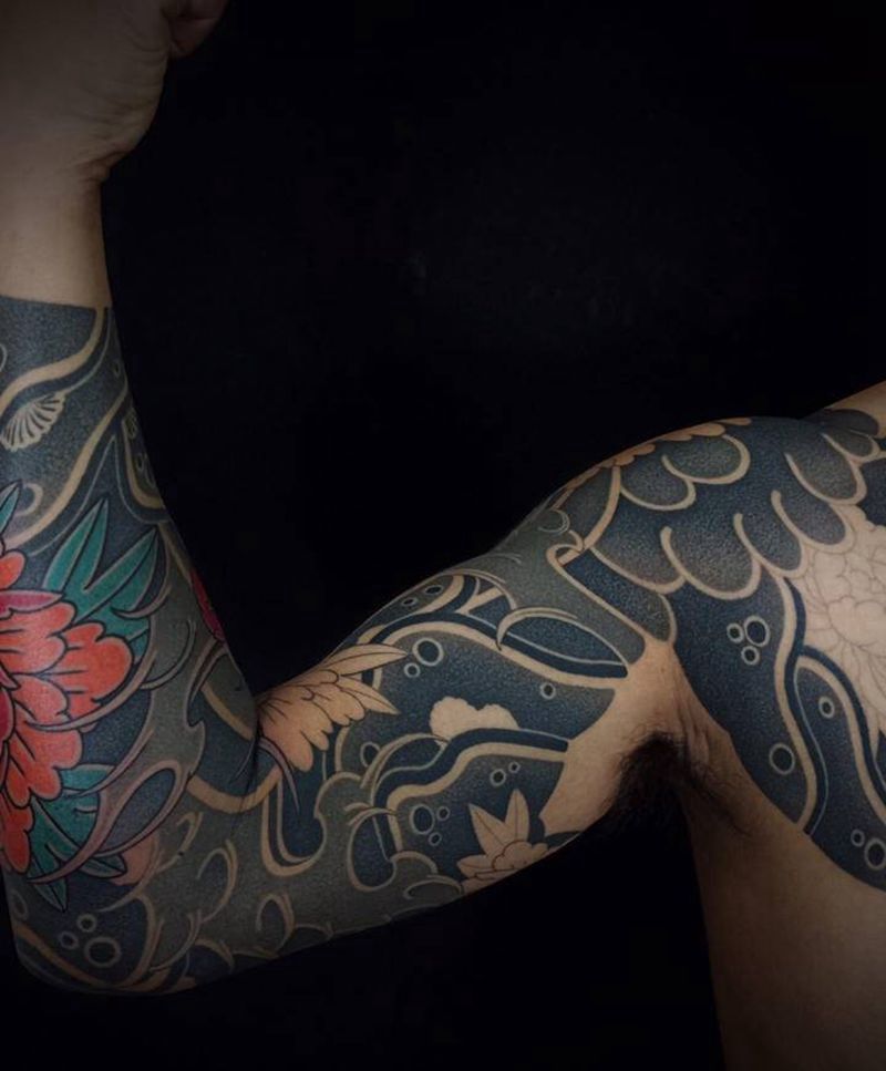 日式九分袖花臂纹身图片_手臂老传统纹身图案