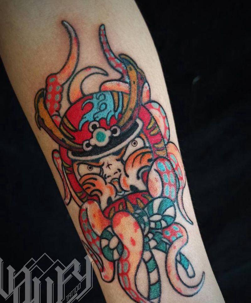 日式可爱武士章鱼纹身图片_手臂纹身图案