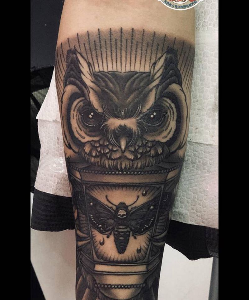 原创猫头鹰纹身图片_手臂New School点刺猫头鹰原创包小臂纹身图案