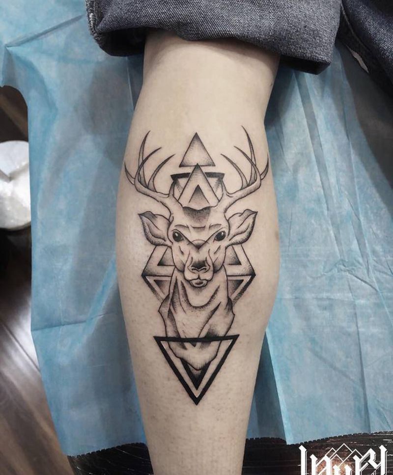 几何  鹿头纹身图片_腿部纹身图案