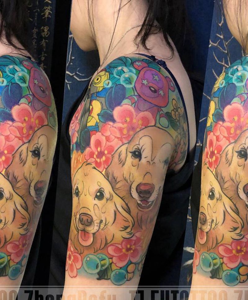 原创 金毛纹身图片_手臂New School狗Kaws暴力熊纹身图案