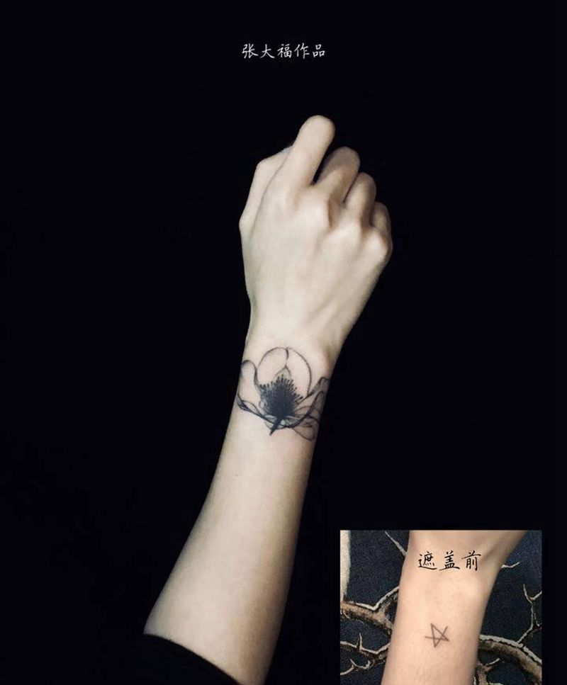 遮盖纹身图片_手臂手部水彩水墨花遮盖黑灰纹身图案