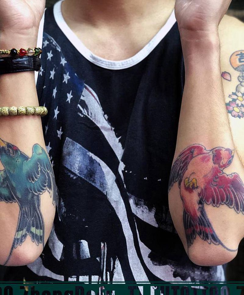 燕子纹身图片_手臂新传统New School燕子彩色肘纹身图案