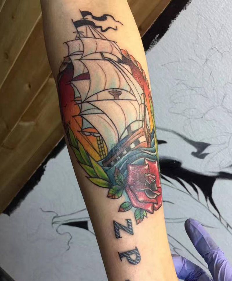 遮盖帆船纹身图片_手臂Old School纹身图案
