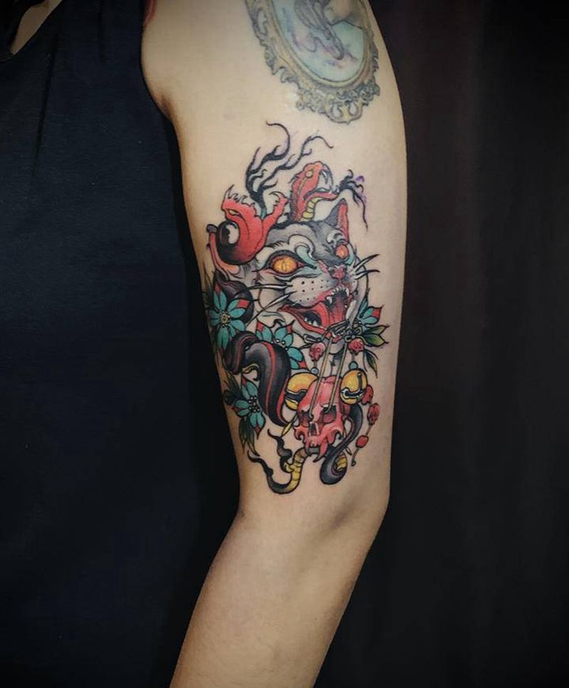 欧美猫纹身图片_手臂New School纹身图案