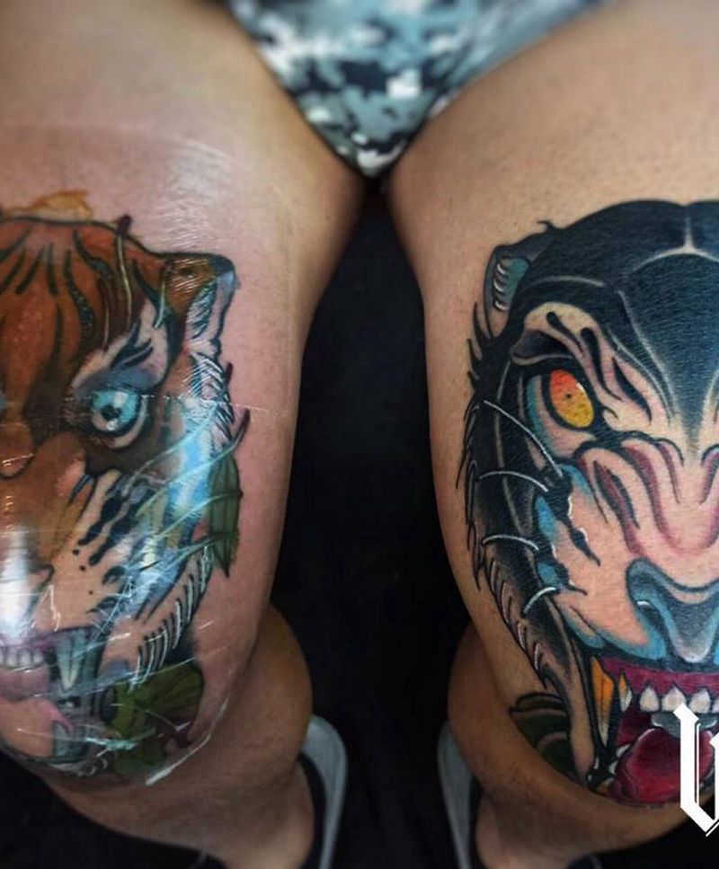 newschool膝盖 黑豹纹身图片_腿部New School纹身图案