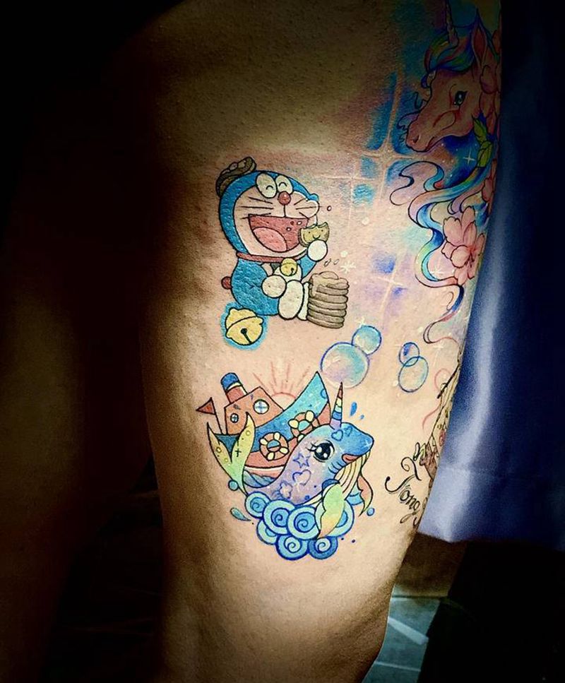 彩色小卡通纹身图片_腿部New School纹身图案