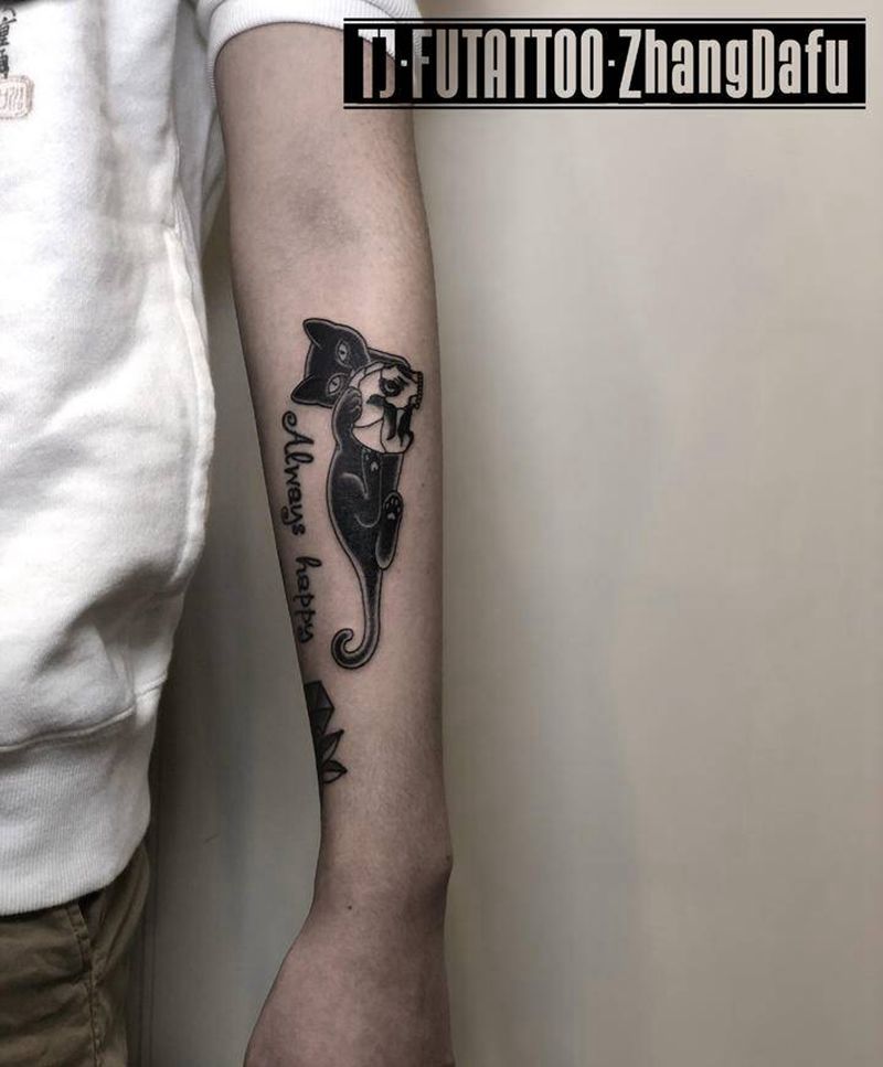 猫与骷髅纹身图片_手臂Old School猫骷髅拼花臂纹身图案