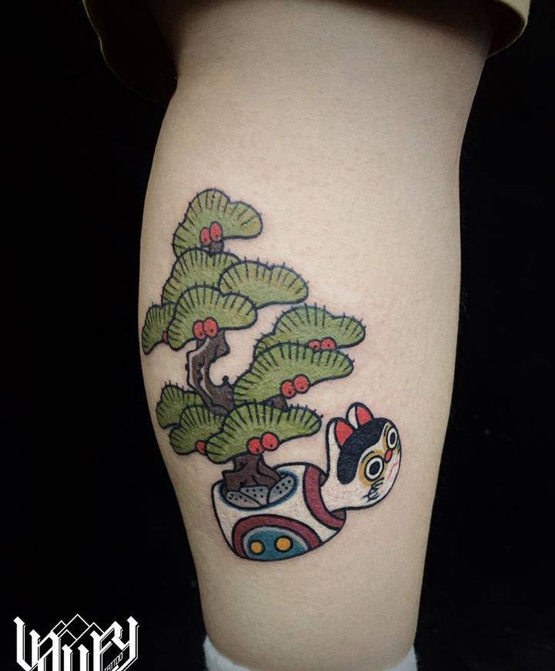 日式可爱卡通盆栽纹身图片_腿部水彩日式卡通可爱纹身图案