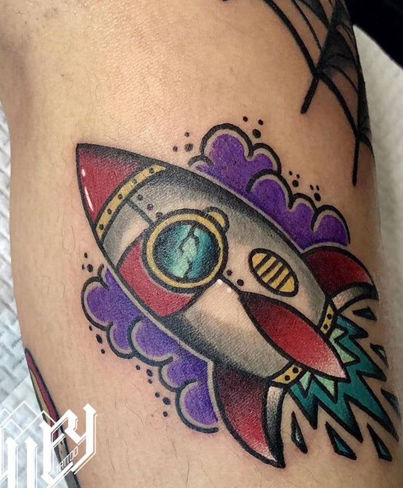 School风格 小火箭纹身图片_手臂New School火箭花臂拼接可爱纹身图案