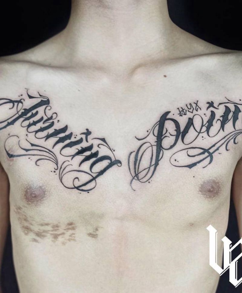 花体字纹身图片_手臂手部花体字Old School花体字花胸满背纹身图案