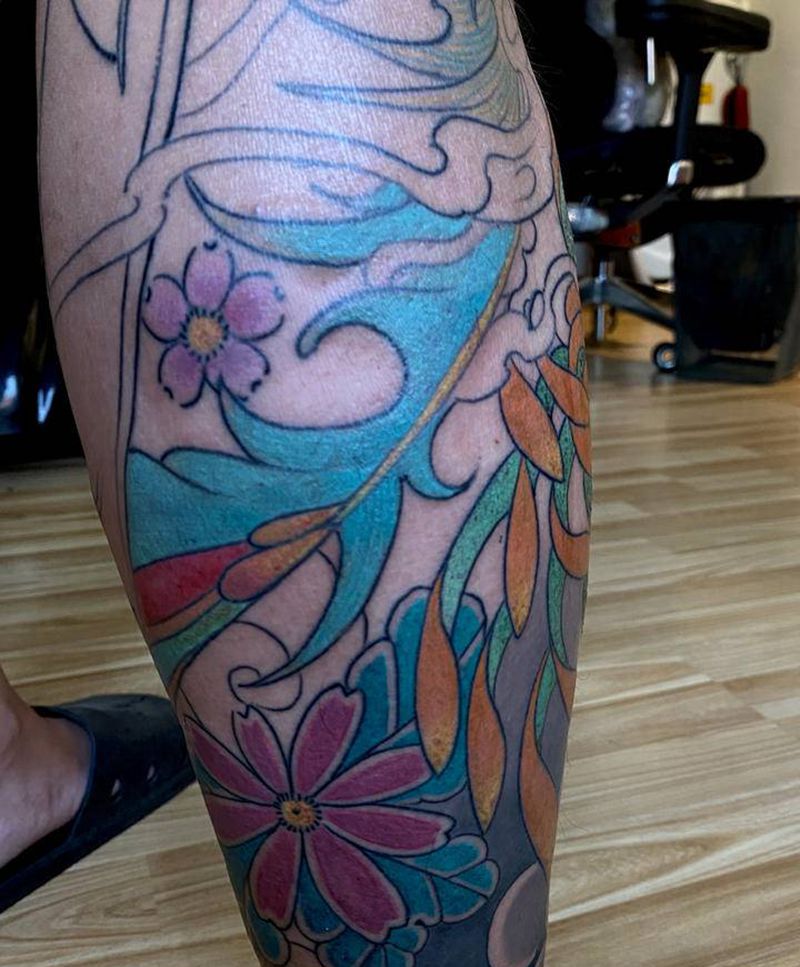 小腿纹身图片_腿部新传统纹身图案