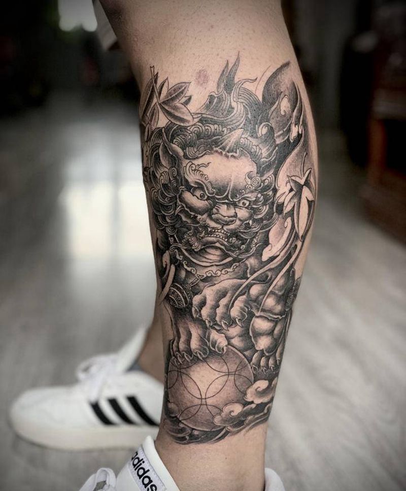 唐狮子纹身图片_腿部新传统纹身图案