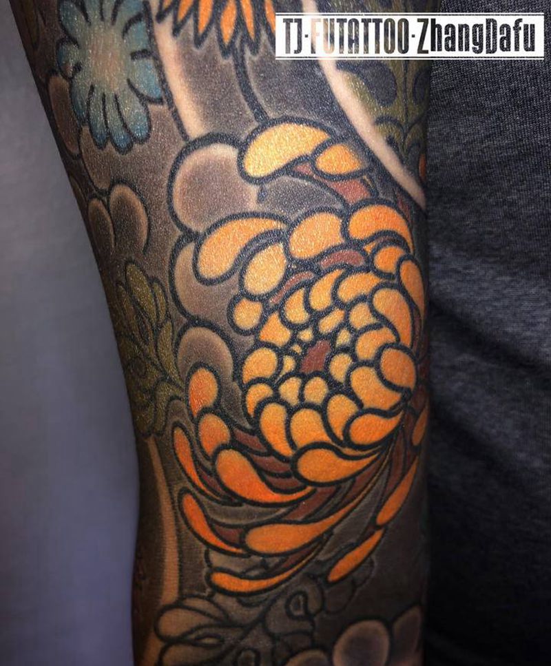 原创 菊花花臂(局部)纹身图片_手臂老传统菊花花臂日式纹身图案