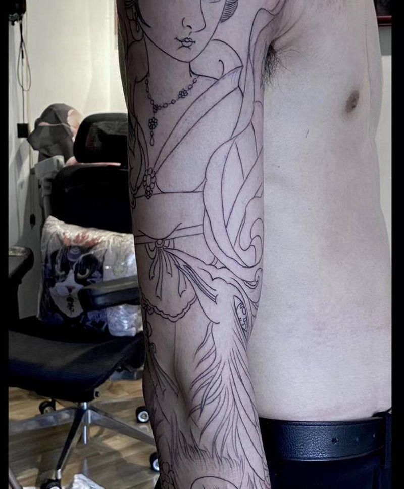 灰线包臂纹身图片_新传统纹身图案