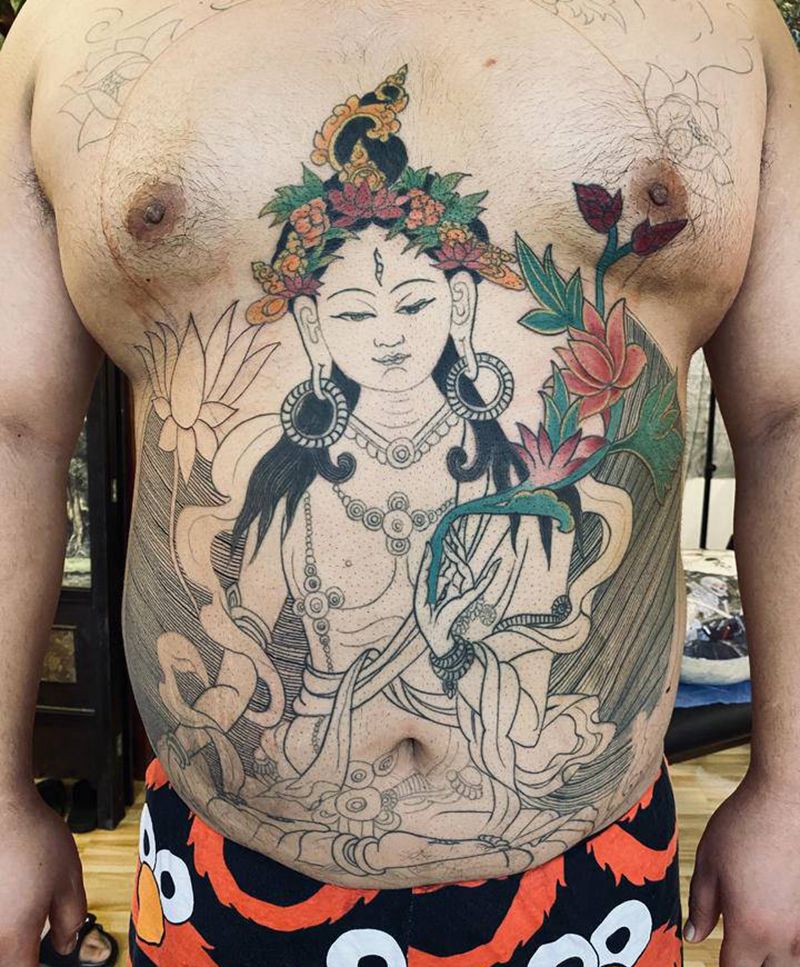 度母未完成纹身图片_胸部新传统纹身图案